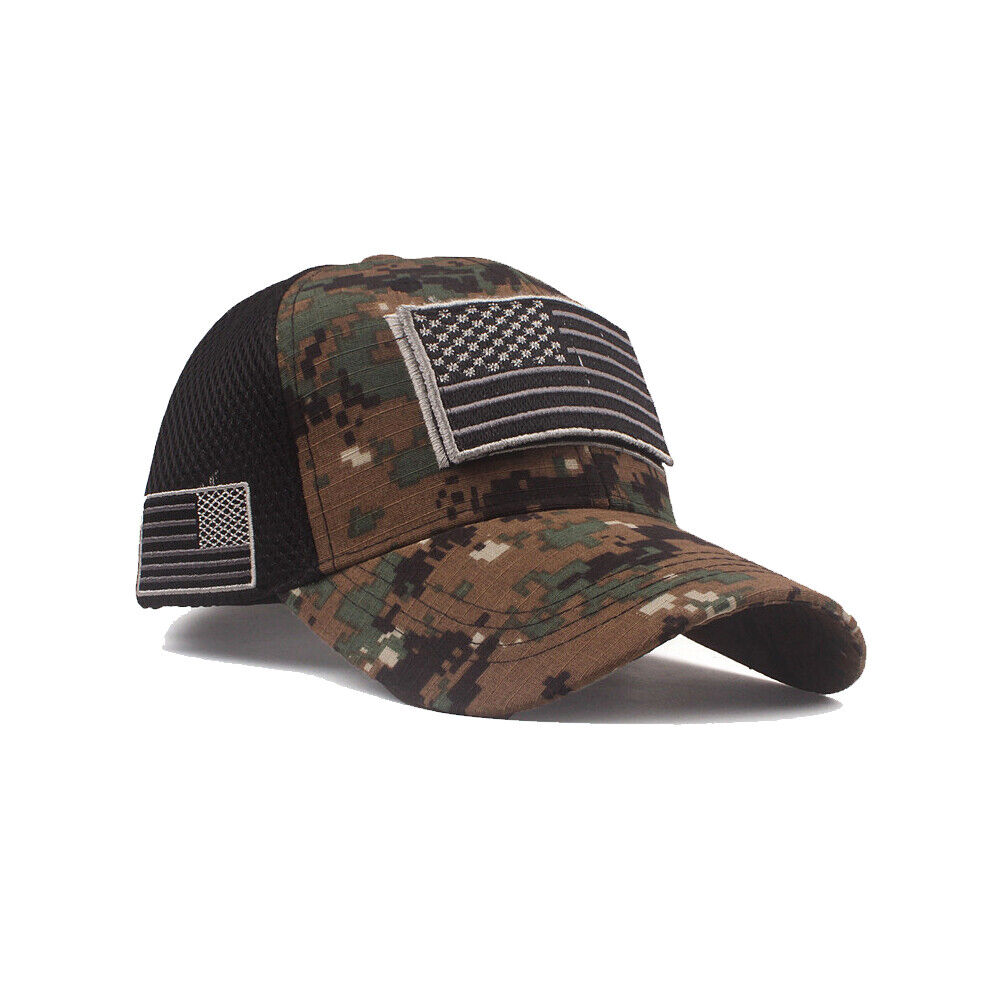 US 1-2 American Flag Hat Tactical Army Detachable Patch Mesh Camo Baseball Cap