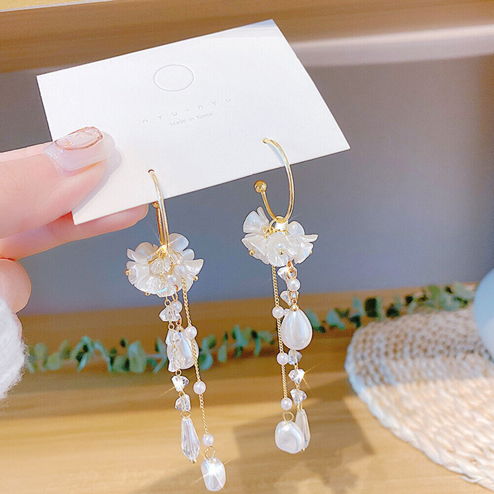 US 1~2 Pairs Floral Pearl Crystal Tassel Lily of the Valley Dangle Drop Earring
