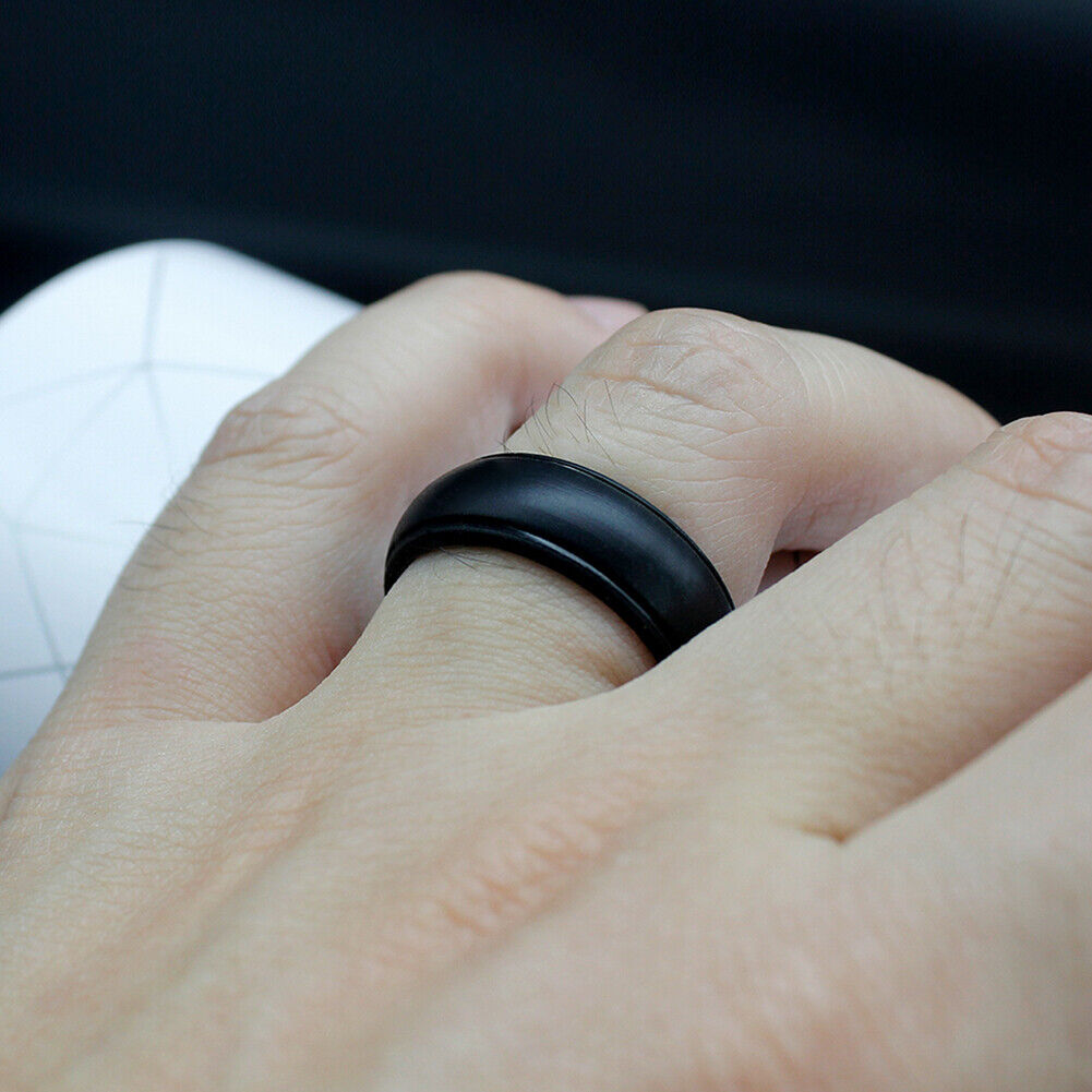 US 1-2 Pcs Men's Black Polish 9mm Silicone Wedding Ring Band Rubber Engagement