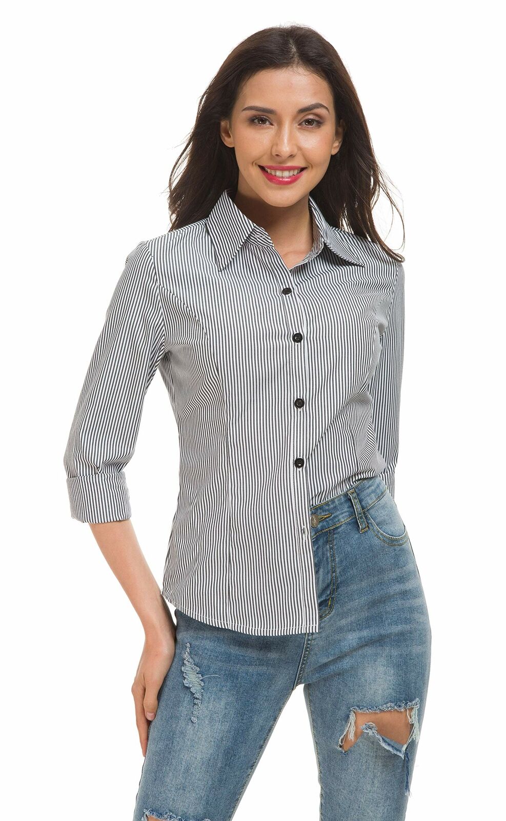 Women's Basic Tailored Vertical Stripes Button Down Shirt Long Sleeve Blouse