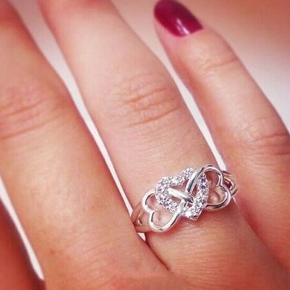 US 2-4 Love Heart Cubic Zirconia Twisted Eternity Band 925 Sterling Silver Rings