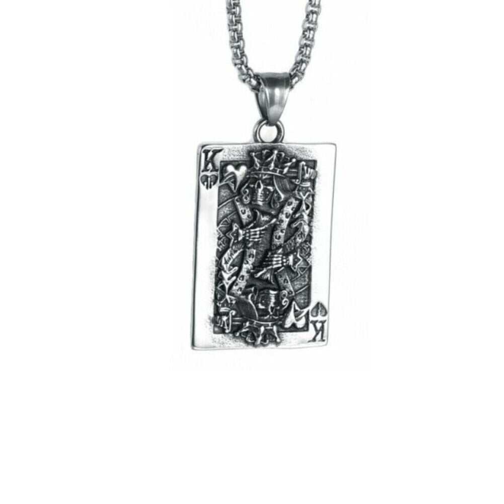 US 1-2 Pcs Gothic Retro Skull Lucky King Heart Poker Card Pendant Necklace Chain