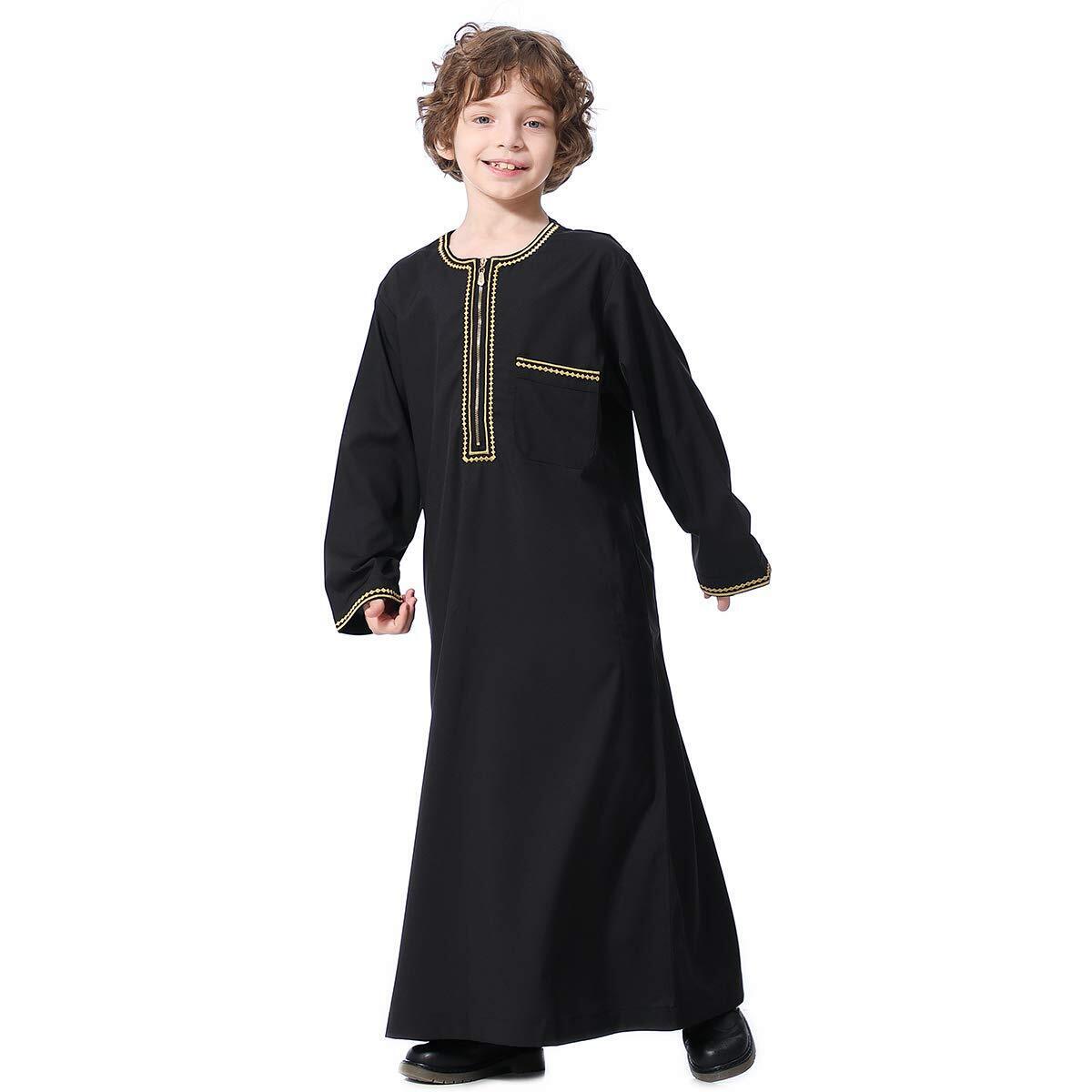 Arabic Thobe Muslim Thobe Kaftan Stand Collar Robe with Botton for Boy