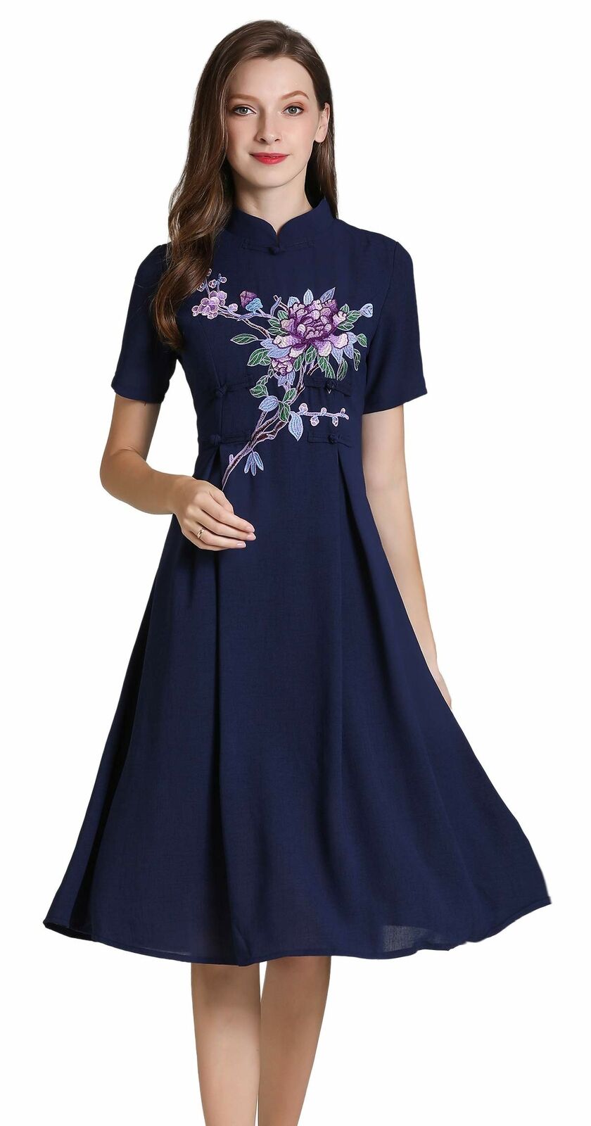 Women's Short Sleeve Mexican Embroidered Floral Pleated A-line Cocktail Dress