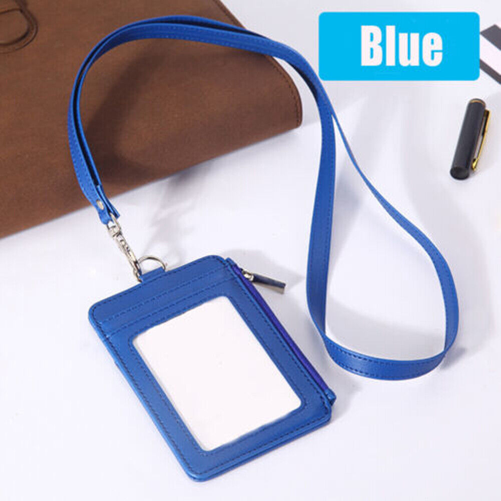 US 2-4 Pcs Badge Holder Zipper Leather ID Card Holder Wallet Pocket Neck Lanyard