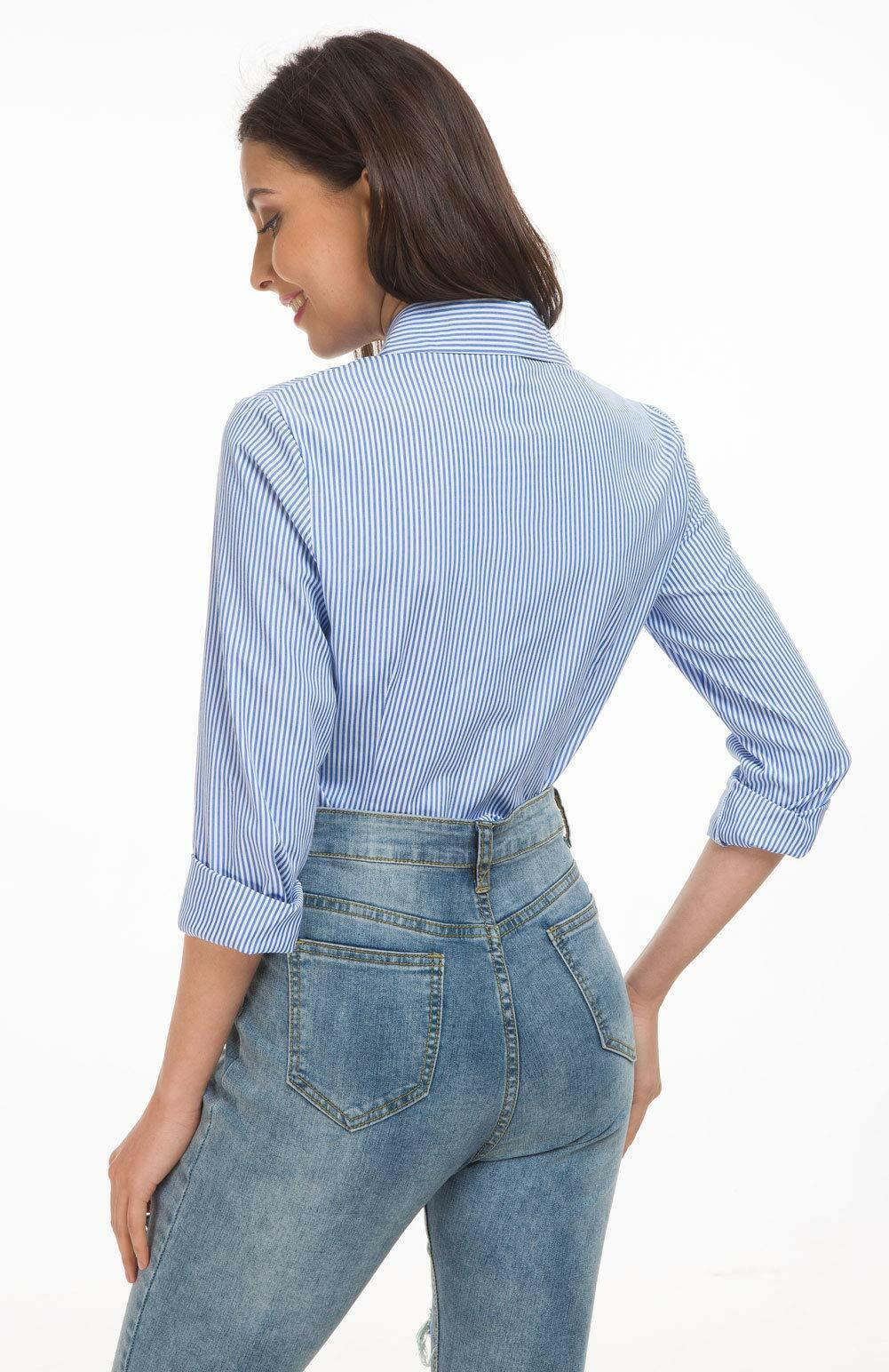 Women's Basic Tailored Vertical Stripes Button Down Shirt Long Sleeve Blouse
