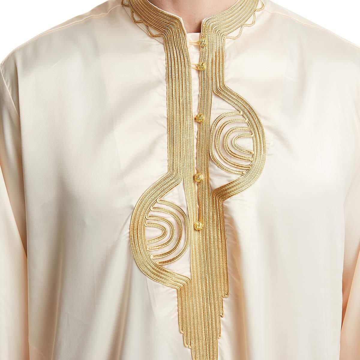 Men Arabic Long Sleeve Embroidery Thobe Stand Collar Kaftan Robe
