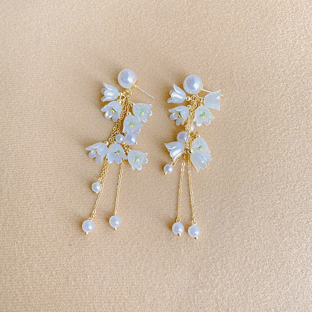 US White Fairy Flower Earrings Lily of the Valley w/ Pearl Long Tassel Earrings