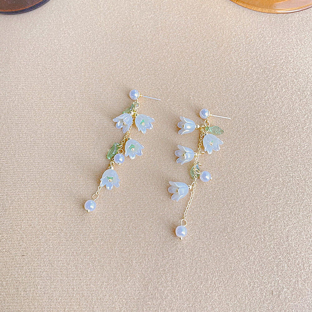 US White Fairy Flower Earrings Lily of the Valley w/ Pearl Long Tassel Earrings