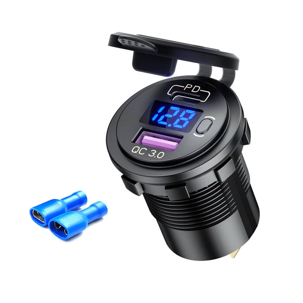 US 12V QC3.0 Dual USB Car Fast Charger Socket Outlet LED Voltmeter Waterproof
