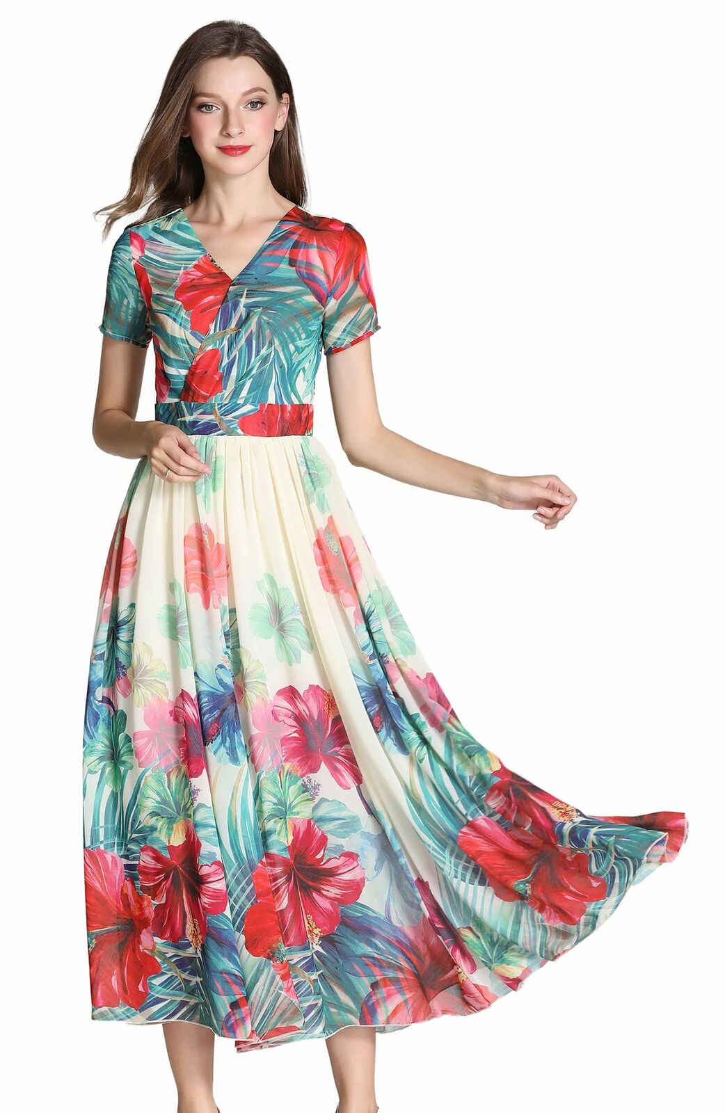 Women's Vintage Short Sleeves Floral Print Skater Dress Midi Cocktail Dress