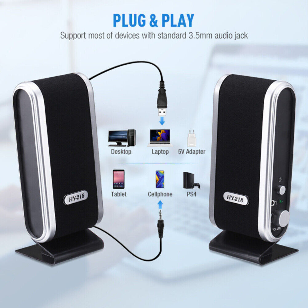 US 1-2 Pc USB Power Stereo Speaker System 3.5mm Jack For Desktop Laptop Computer