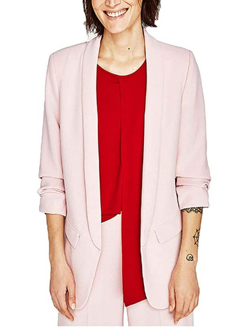 MFrannie Womens Solid Open Front Shirring 3/4 Sleeve Work Blazer