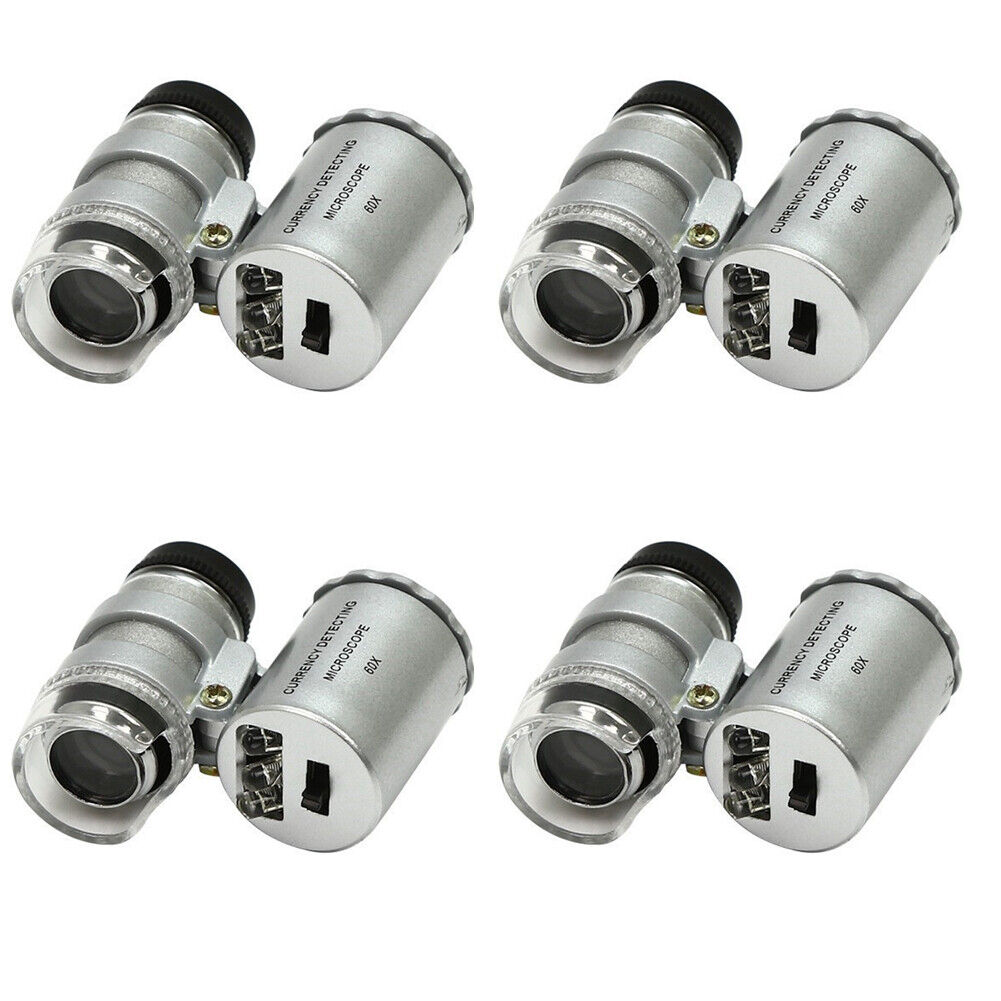 US 2-4 Pc Jewellers Pocket Magnifier 60X Jewelry Magnifying Loupe With Led Light