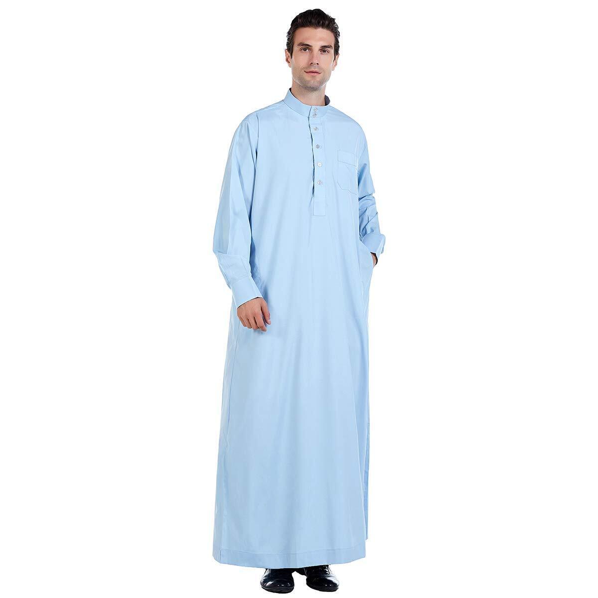 Men Arabic Long Sleeve PureColor Thobe Crew Stand Collar Kaftan Robe with Button