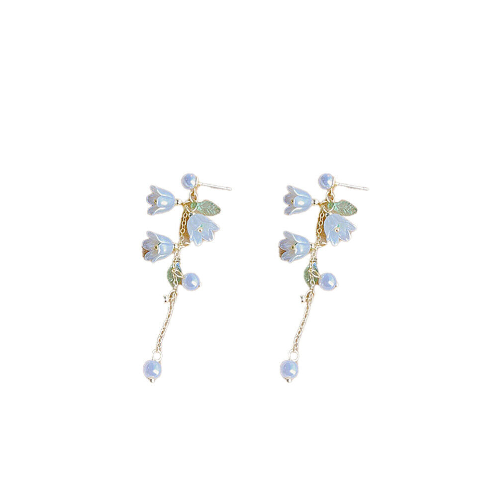 US White Fairy Flower Earrings Lily of the Valley w/ Pearl Long Tassel Earrings