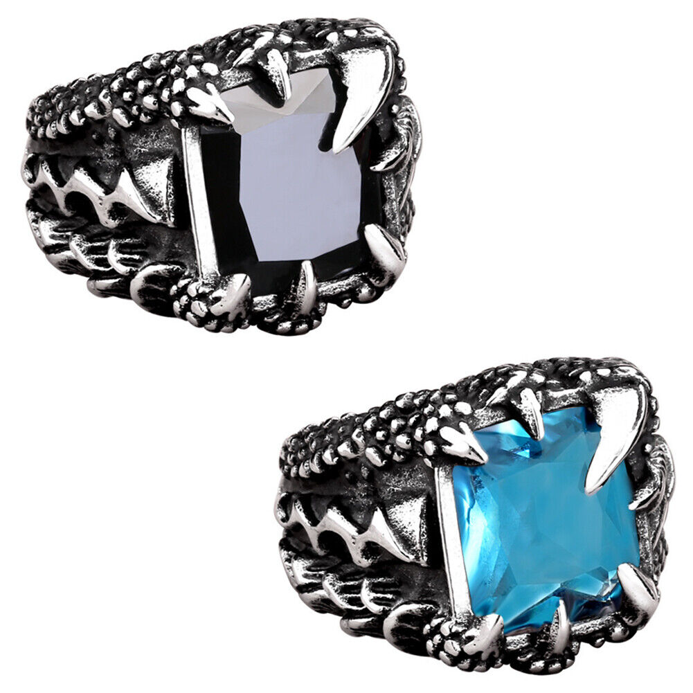 US 2 Pack Mens Stainless Steel Biker Black Onyx Dragon Claw Ring For Men