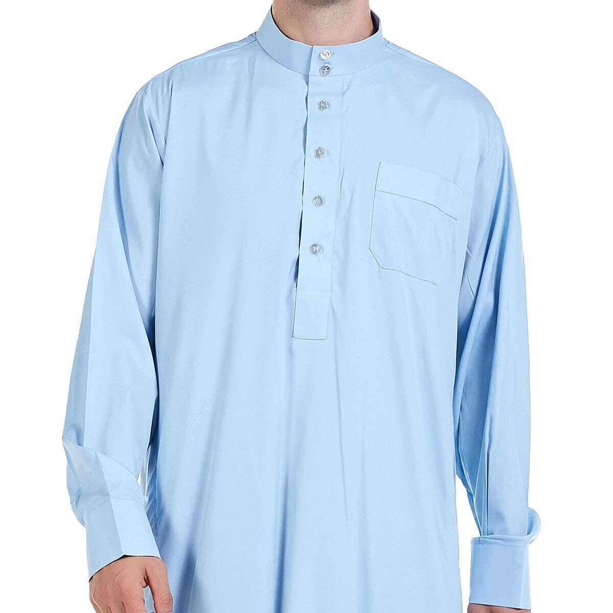 Men Arabic Long Sleeve PureColor Thobe Crew Stand Collar Kaftan Robe with Button