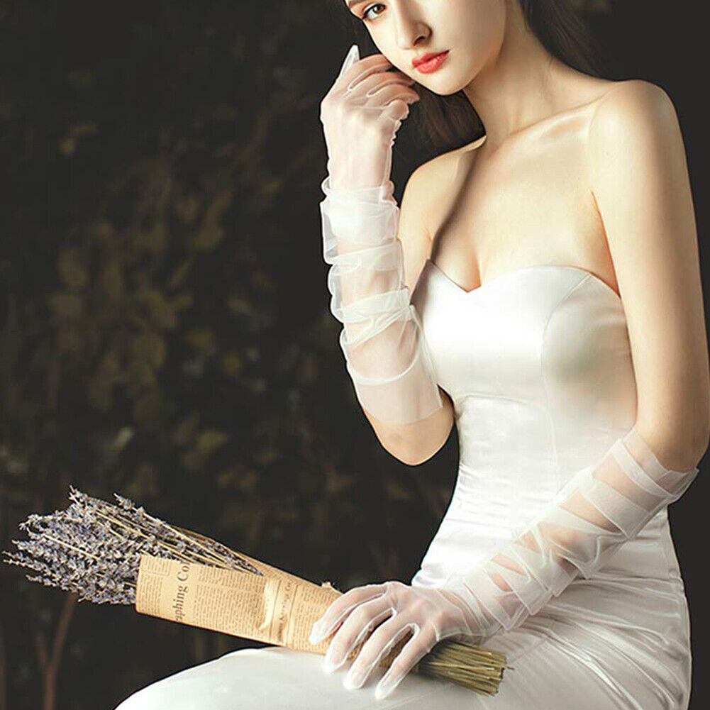 US 1~2 Paris 27'' Wedding Bridal Prom Sheer Tulle Long Elbow Gloves Party Opera