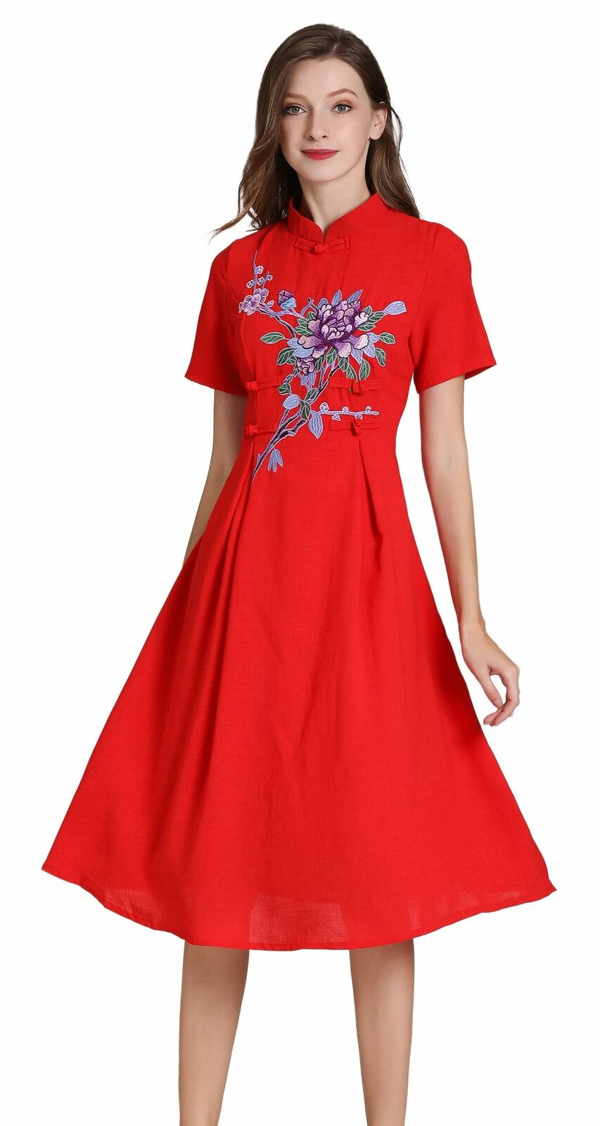 Women's Short Sleeve Mexican Embroidered Floral Pleated A-line Cocktail Dress