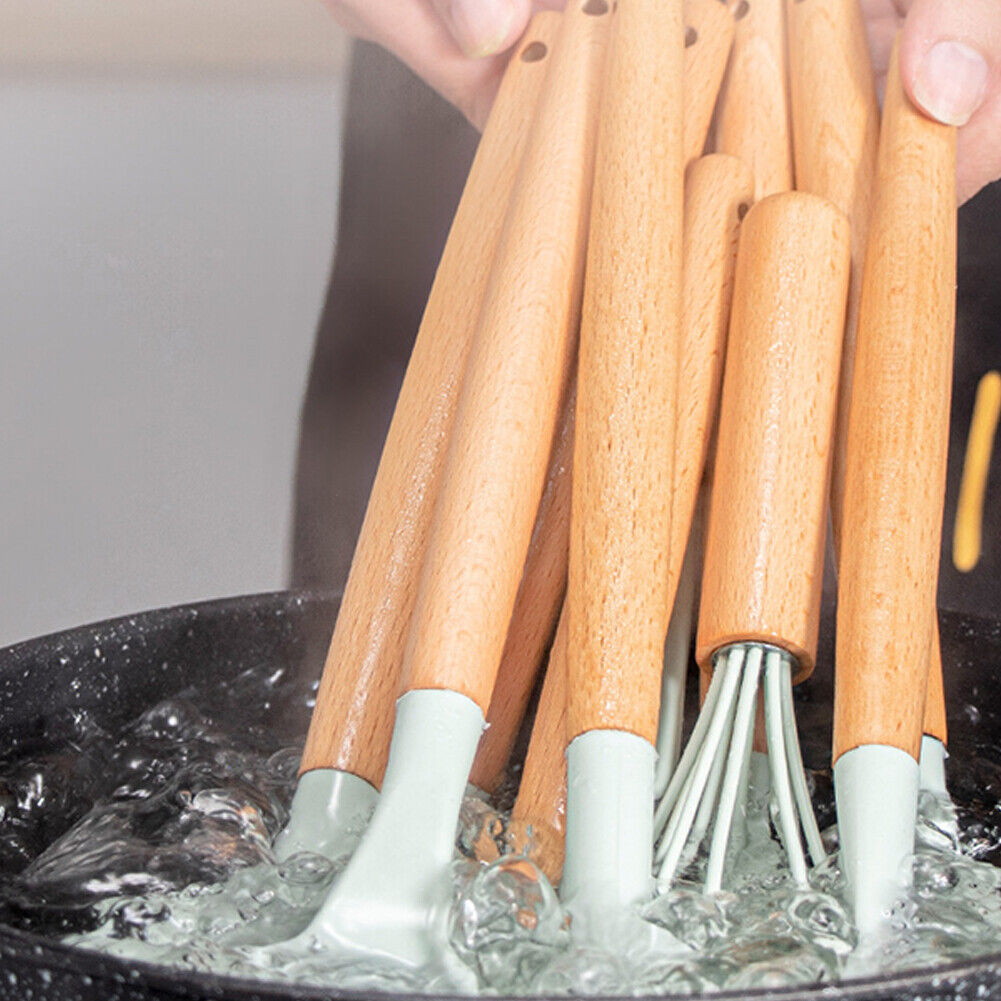 US 11 Pcs Kitchen Cooking Utensils Set Wooden Handle Silicone Heat Resistant