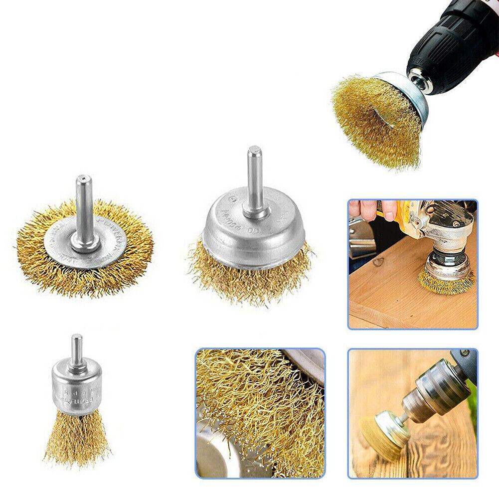 US 6-12 Pcs Brass Wheel Cup Wire Brush Drill Bit Set Rust Paint Attachment 1/4"