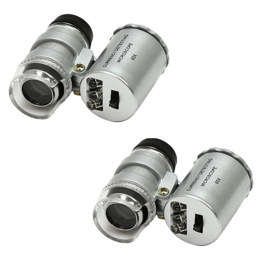 US 2-4 Pc Jewellers Pocket Magnifier 60X Jewelry Magnifying Loupe With Led Light
