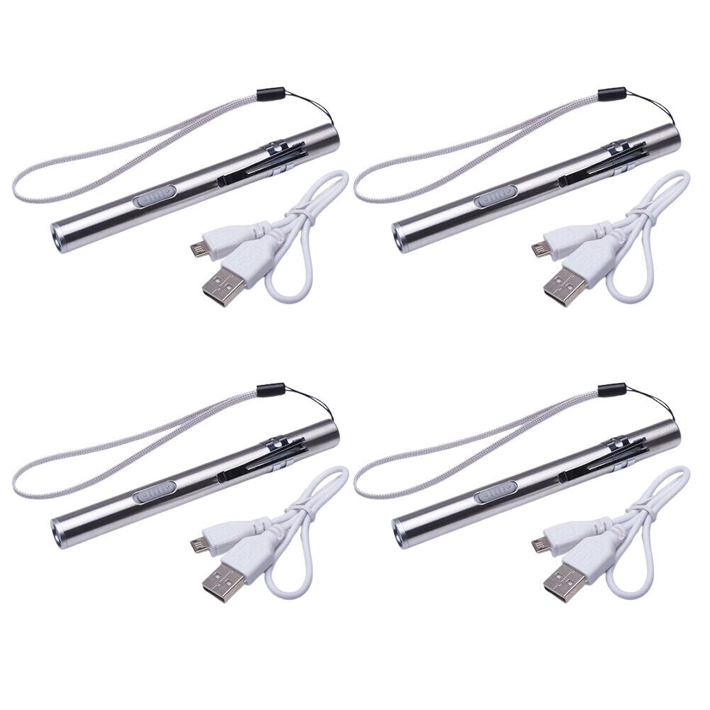 US 2-4Pc LED USB Stainless Steel Pen Light Rechargeable Mini Flashlight 500Lumen