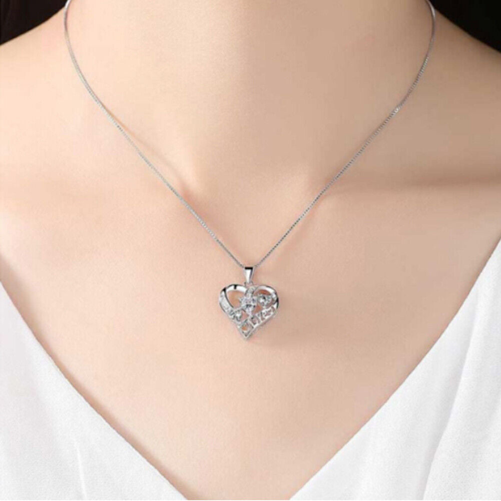 US1-2Pc 925 Sterling Silver Infinity Love Heart Cubic Zirconia Pendant Necklace