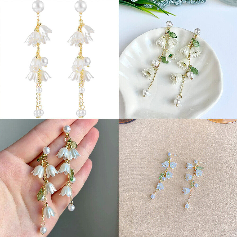 US White Fairy Flower Earrings Lily of the Valley w/ Pearl Long Tassel Earrings