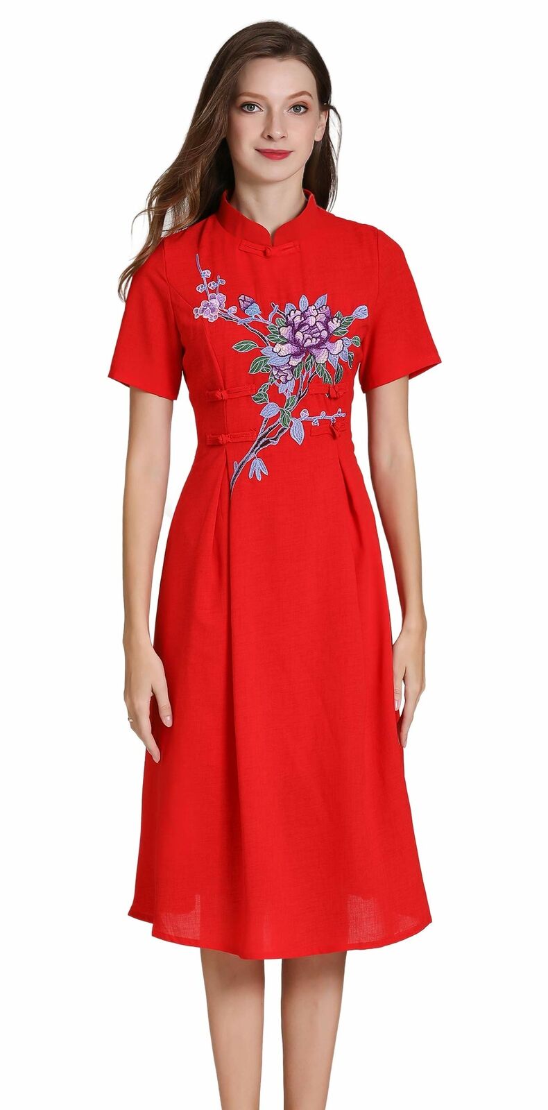 Women's Short Sleeve Mexican Embroidered Floral Pleated A-line Cocktail Dress