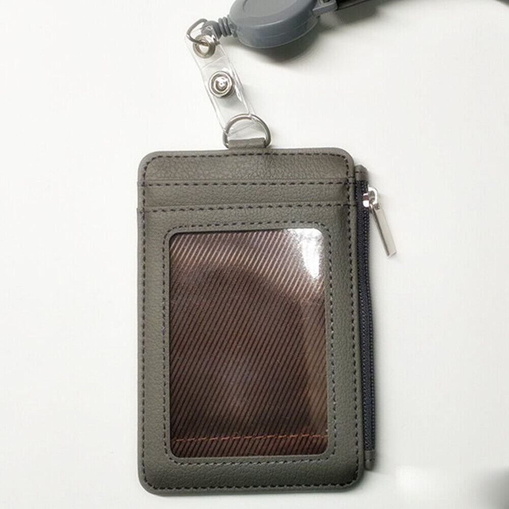 US 2-4 Pcs Badge Holder Zipper Leather ID Card Holder Wallet Pocket Neck Lanyard