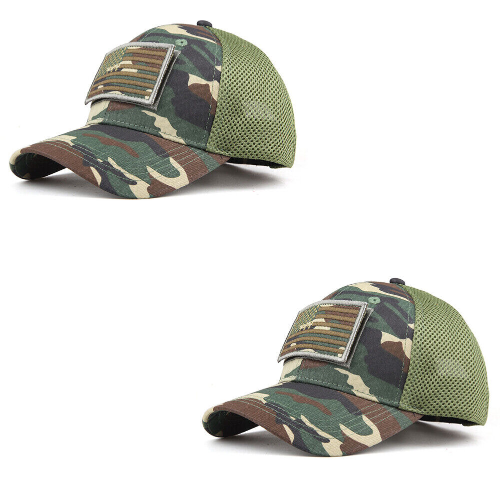 US 1-2 American Flag Hat Tactical Army Detachable Patch Mesh Camo Baseball Cap
