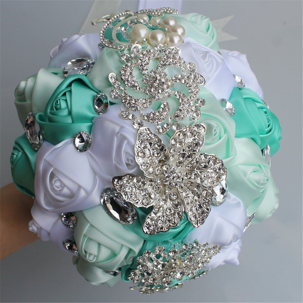 Bride Holding Bouquet Ribbon Rose Flowers Wedding Bouquet Rhinestone Brooch