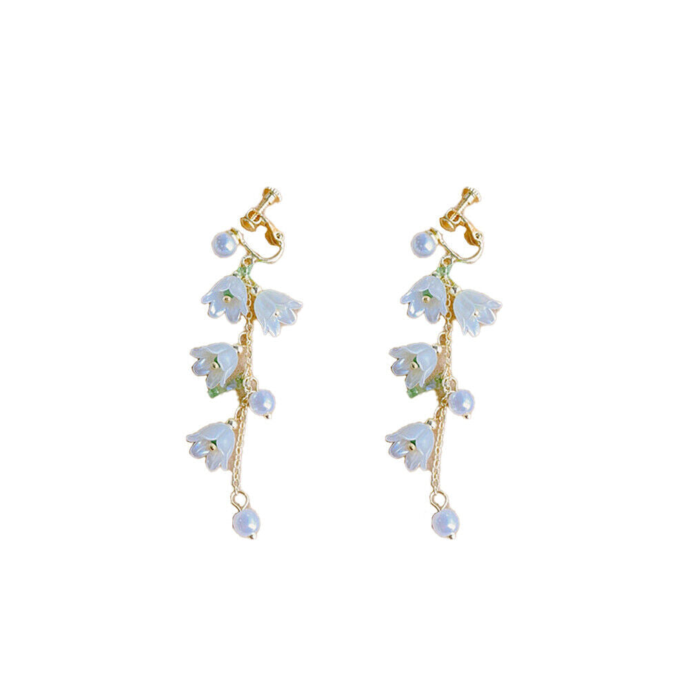 US White Fairy Flower Earrings Lily of the Valley w/ Pearl Long Tassel Earrings