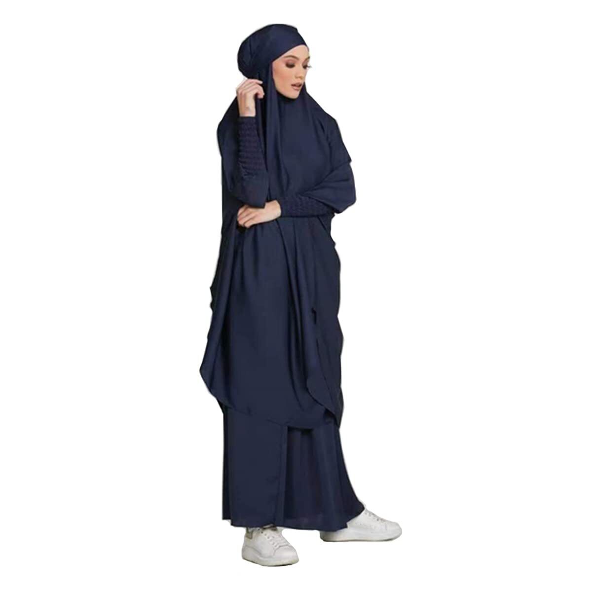 Women Muslim Long Sleeve Thobe Longuette Abaya Thobe with Hoodied Hijab