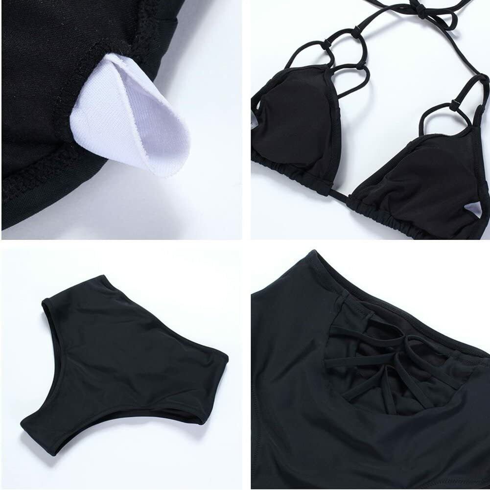 FeelinGirl Women's Stripe Padded Push up High Waist Bikini Halter Strap Swimsuit