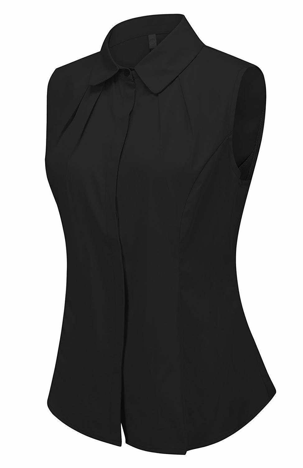 Women's Cotton Sleeveless Button Down Shirt Collared Pleated Blouse