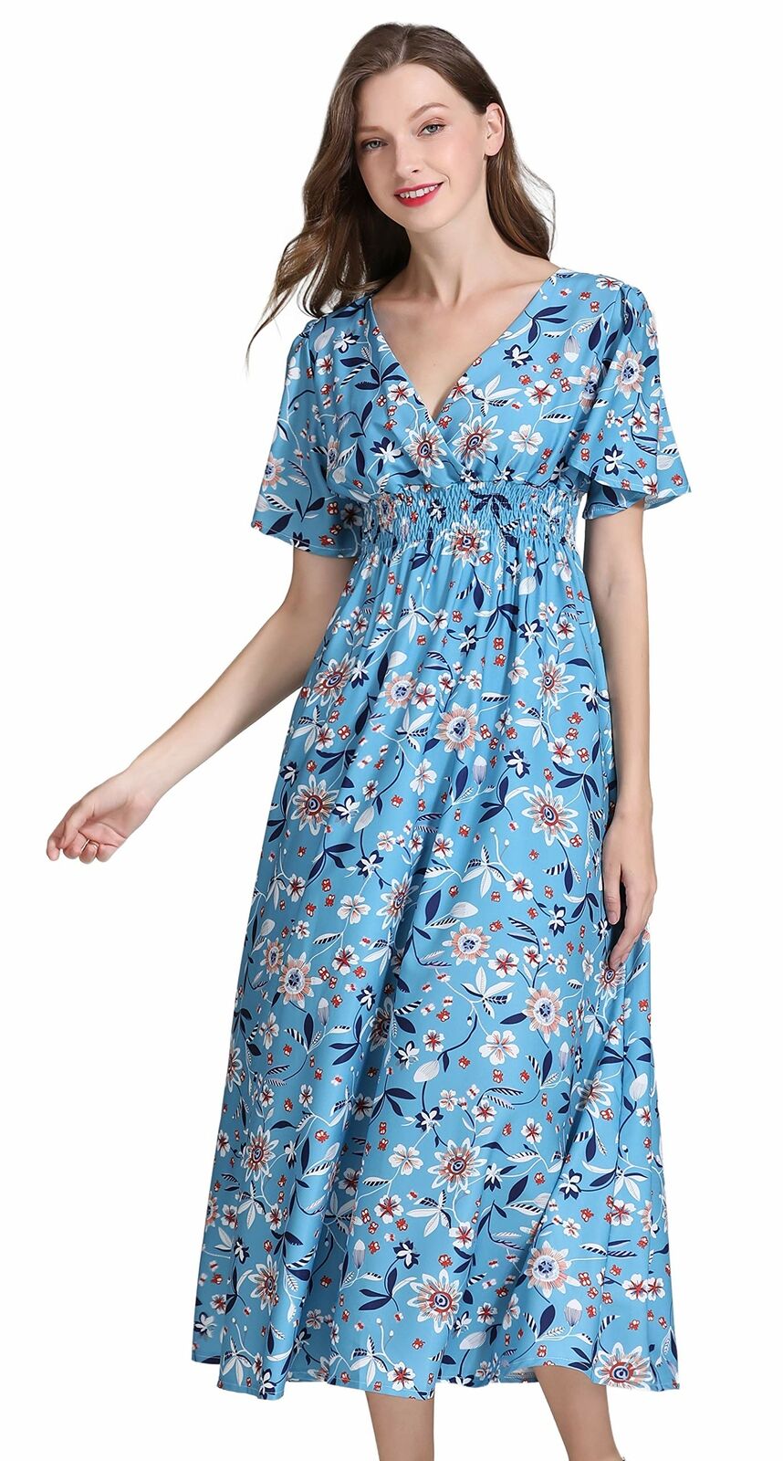 Women's Short Sleeve V-Neck Floral Print Midi Summer Beach Dress
