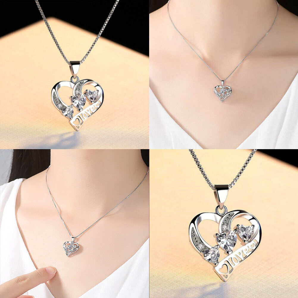US1-2Pc 925 Sterling Silver Infinity Love Heart Cubic Zirconia Pendant Necklace