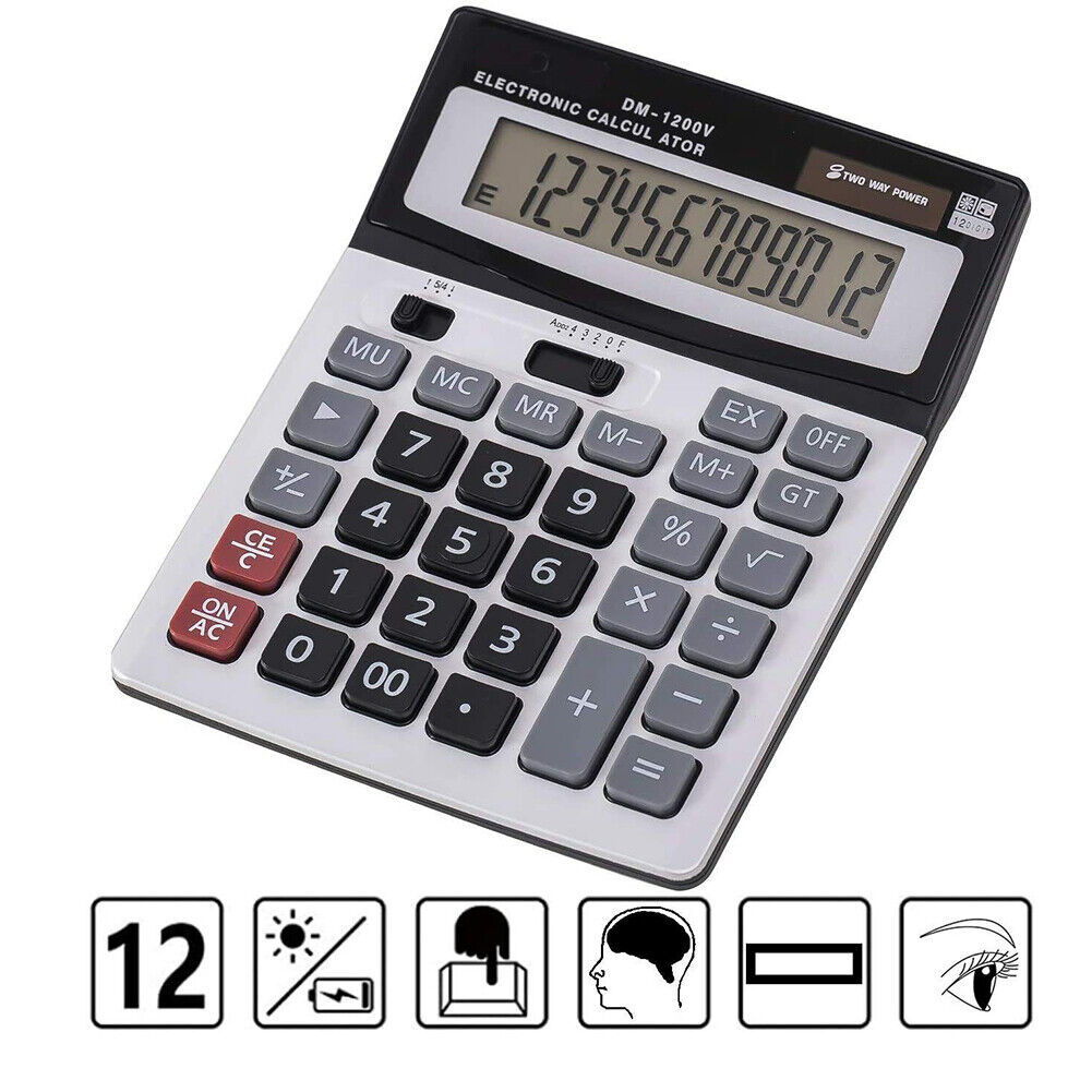 US 12-Digit Desktop Calculator Standard Function Dual Power Solar and AA
