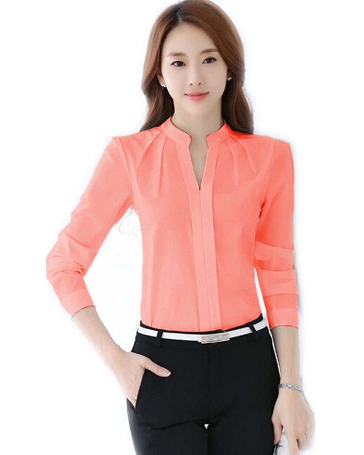 Womens Chiffon V-Neck Pullover Tops Pleated Slim Long Sleeve Work Blouse