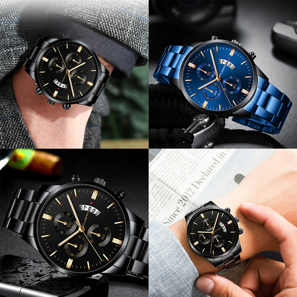 US 1-2 Pc Men Relojes De Hombre Stainless Steel Hand Chronograph Quartz Classic