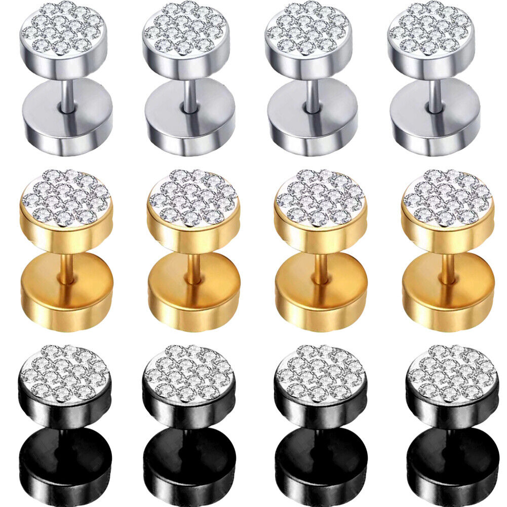 US3-6Pair Barbell Punk StainlessSteel Crystal Ear Studs Earring Piercing Jewelry