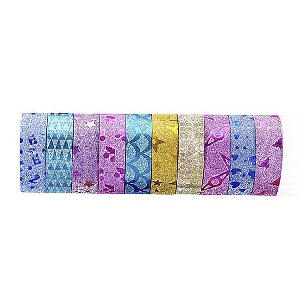 10 PCS Masking Tape Sticker DIY Self Adhesive Glitter Washi Craft Decor 15mmx3m