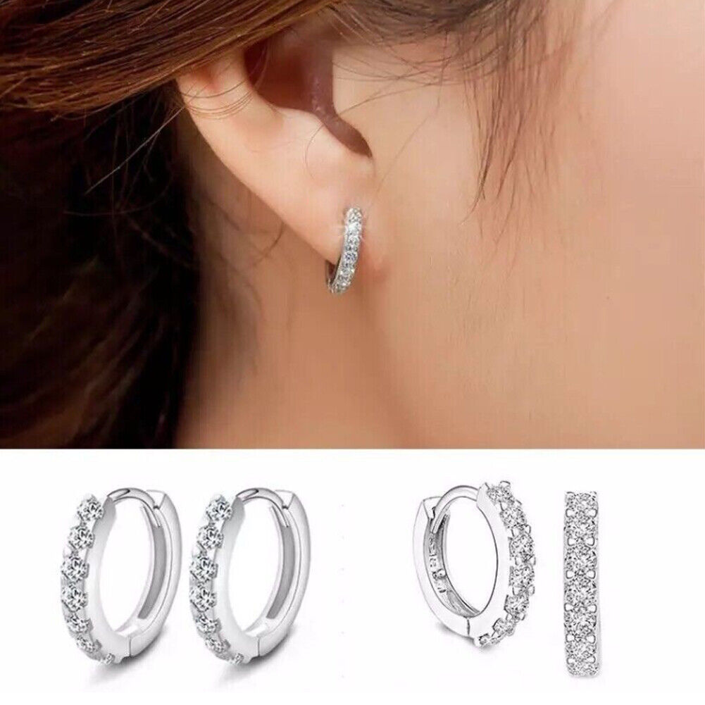 US 1-2 Pairs Womens 925 Sterling Silver CZ Huggie Hoop Earrings Non-Tarnish Gift