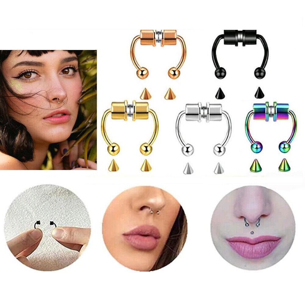 US 1-2 Pcs Magnetic Septum Nose Ring Stainless Steel Fake Non Piercing Nose Clip
