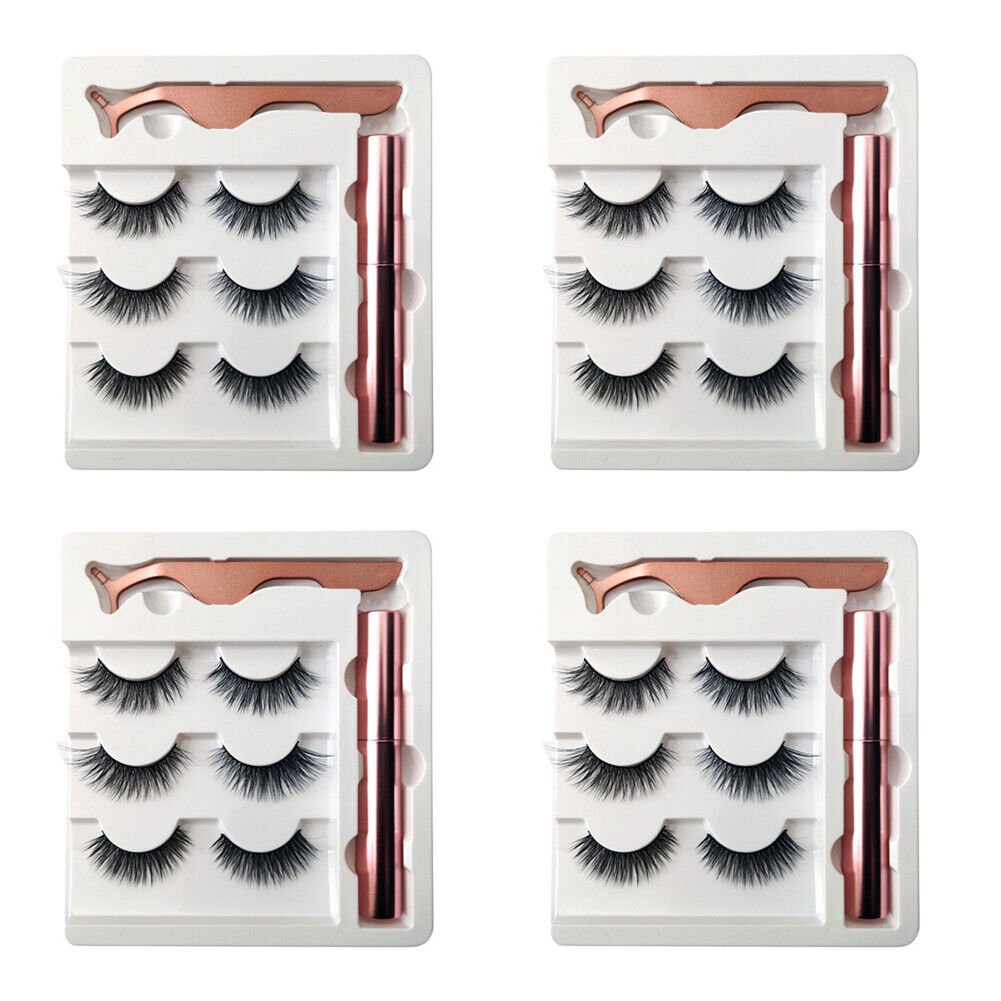US 6 Pairs Magnetic Eyelashes Set Eyeliner Tweezer Kit False Mink Lashes Black