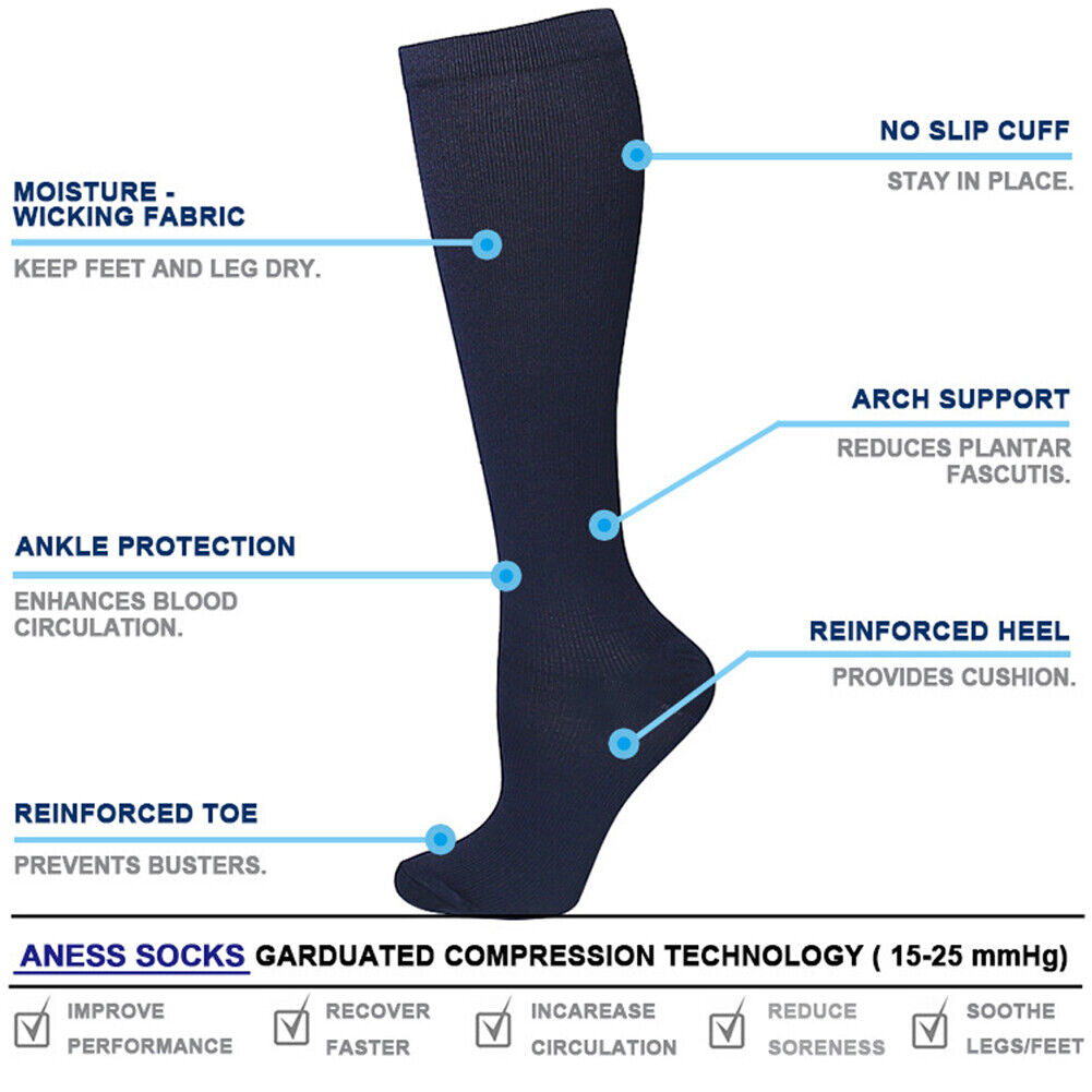 US 6-12Pairs Compression 15-20mmHg Graduated Support Socks Calf Men Women S-XXL