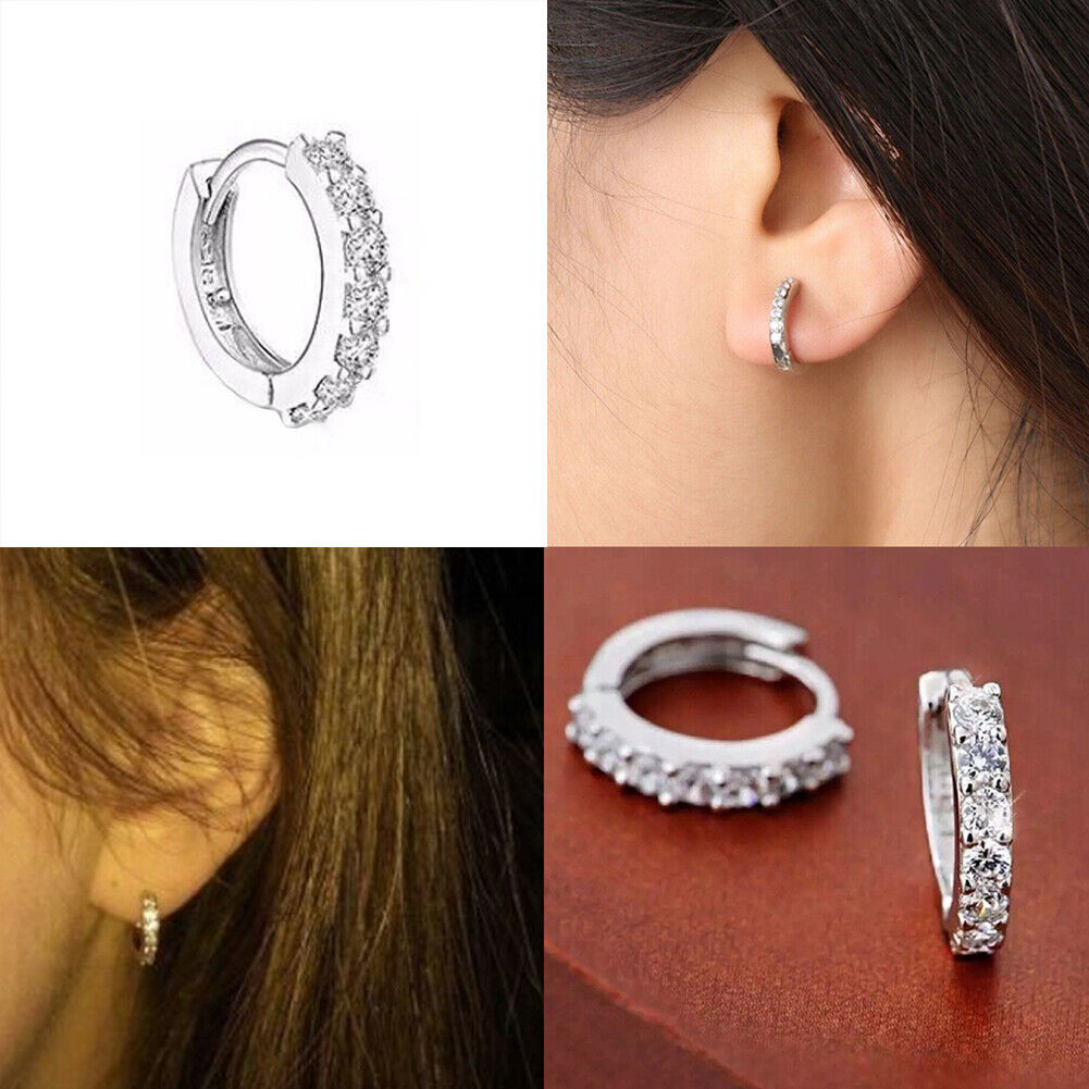 US 1-2 Pairs Womens 925 Sterling Silver CZ Huggie Hoop Earrings Non-Tarnish Gift
